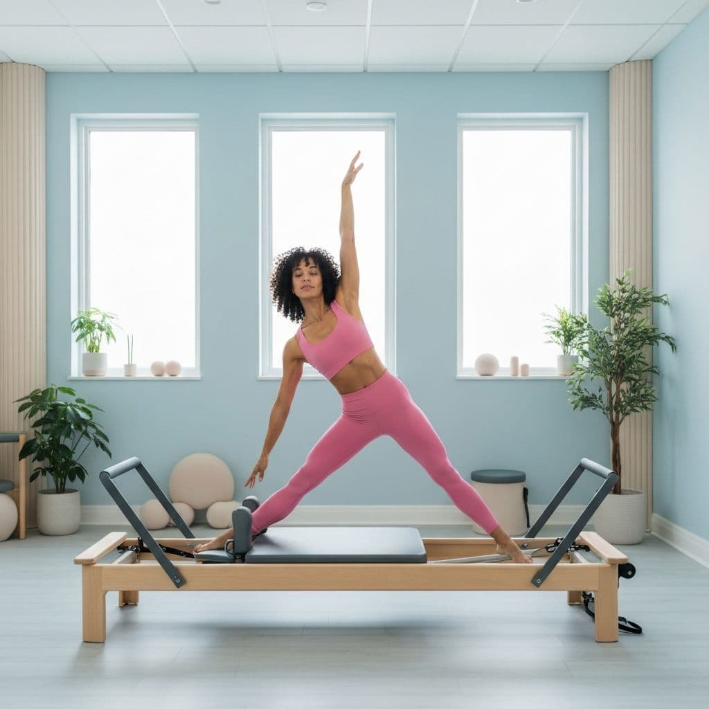 Woman doing pilates reformer stretch